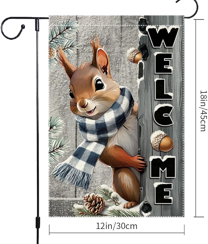 Welcome Garden Flag 12x18inch The Nut Squirrel Winter Garden Flags Yard Porch House Flag Double-Side For Home Outdoor Yard Patio Lawn Decor,Christmas Garden Decorations (RMQ-42, 12"X18")