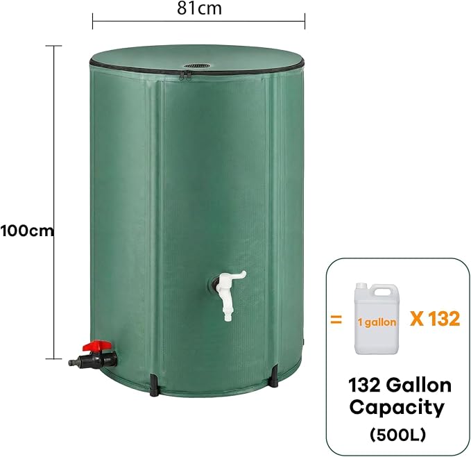 132Gallon/500L Collapsible Rain Barrel, Foldable PVC Rain Barrels with Spigots, Top Mesh Overflow Valve, Suitable for Collect Rainwater from Gutter for Garden Lawn, Cleaning Floors