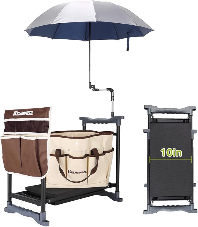 Garden Kneeler and Seat with Umbrella, 2-in-1 Foldable Gardening Stool with Adjustable Bracket, Detachable Tool Bags, Heavy Duty Kneeling Pad for Gardening (Brown)