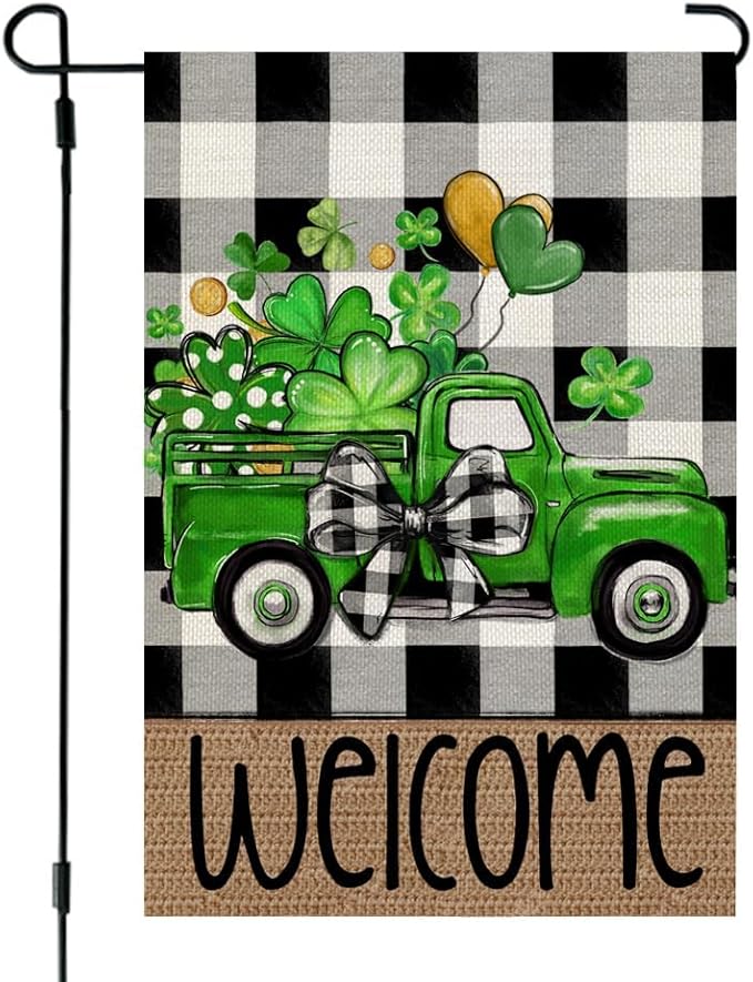 CROWNED BEAUTY St Patricks Day Shamrocks Truck Garden Flag 12x18 Inch Double Sided for Outside Small Burlap Buffalo Plaid Welcome Holiday Yard Decoration