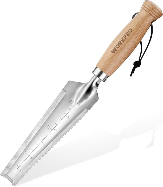 WORKPRO Garden Trowel with Wood Handle, Stainless Steel Narrow Hand Shovel, Multi- Use Flat Garden Trowel for Planting, Weeding, Transplanting, Digging, Small Weeding knife for Gardening