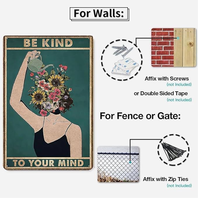 Hippie Room Decor Metal Vintage Tin Sign Be Kind to Your Mind, Funky Decor Retro Wall Art, Funny 12x8 Inches Retro Wall Decor Sign, Land Lady Gift, Floral Woman Gift for Plant Lovers