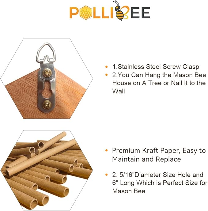 Mason Bee House - Handmade Natural Wooden Bee Hive Coated with Wax for Water-Proof and Long Service Life - Attracts Peaceful Bee Pollinators to Your Garden, Bee Houses for Garden
