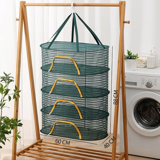 WALLBIG 2Pack Foldable Mesh Drying Rack, 4Layer Zipper Hanging Rack for Herbs, Indoor/Outdoor (Green)