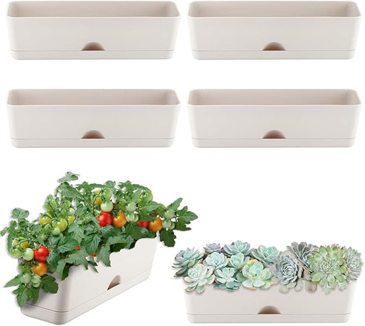 6 Pack Rectangle Planter 16x4.4 Inch Window Boxes Planters Rectangular Large Window Sill Planters Indoor Self Watering Plant Pots with Drainage Holes and Saucers Succulent Herb Flower Pots, Light Grey