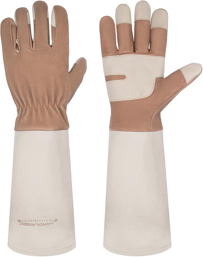 HANDLANDY Long Gardening Gloves for Men & Women, Thorn Proof Rose Pruning Gloves Leather Gauntlets Garden Glove Yard Work Glove (Medium, Brown)