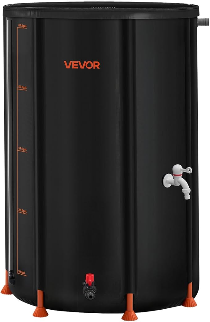 VEVOR Collapsible Rain Barrel, 66 Gallon Portable Rain Water Collection Barrel, 500D PVC Rainwater Collection System, Garden Water Catcher Tank Storage Container with Spigot & Overflow Kit, Black