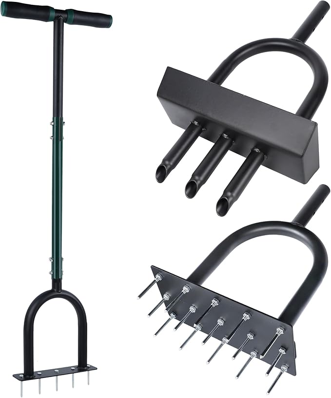 yofit 3-in-1 Manual Lawn Aerator Tool - Core & Spike Aerator with Changeable Heads (15 & 5 Spikes, Coring Head), Yard Aerators Tools with for Lawn Care, Grass Plug, Garden Soil (38.2 Inch)