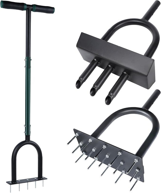 yofit 3-in-1 Manual Lawn Aerator Tool - Core & Spike Aerator with Changeable Heads (15 & 5 Spikes, Coring Head), Yard Aerators Tools with for Lawn Care, Grass Plug, Garden Soil (38.2 Inch)