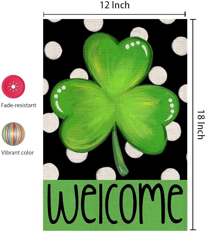 CROWNED BEAUTY St Patricks Day Shamrock Garden Flag 12×18 Inch Double Sided Green Clover Small Burlap Welcome Polka Dots Holiday Yard Flag for Outside