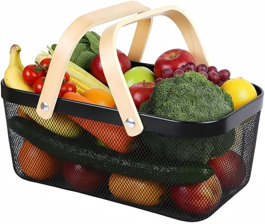 Portable Mesh Harvest Basket - Natural Bamboo Handle Foldable Organizer for Kitchen, Garden & Picnic | Ventilated Storage Bin with Rust-Proof Wire, Space-Saving Farmhouse Decor (Black)
