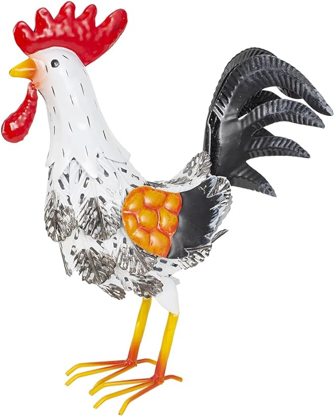 Metal Rooster Garden Statue, 12'' Funny Chicken Outdoor Statue Yard Art Decor, Waterproof Rooster Lawn Ornaments for Garden, Lawn, Farmhouse(White)