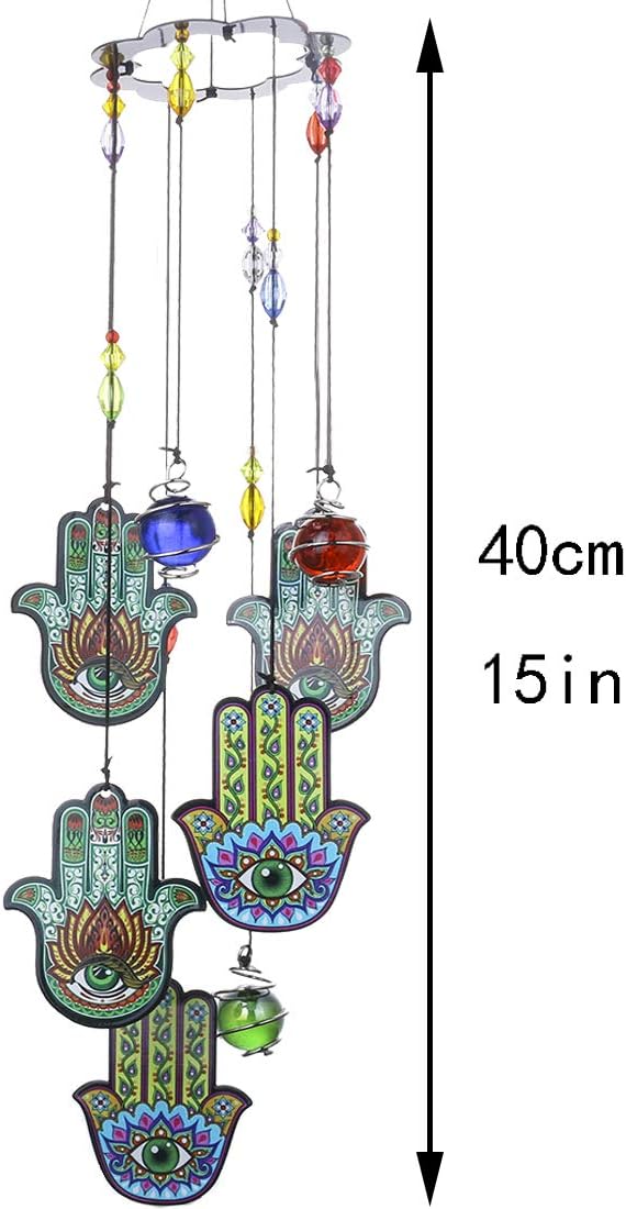 Wind Chimes Outdoor Decor, Metal Memorial Windchimes Hanging Decoration for Garden Home Yard and Christmas Tree,15'' Hamsa Hand Evil Eye Chakra Glass Beaded Design Christmas Decor