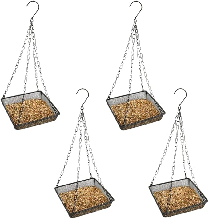 Evelots Hanging Bird Feeder Tray-4 Pack- Sturdy Metal Mesh Seed & Suet Platform-Attract Wild Birds in Backyard-Long 16 Inch Metal Chain-Water Drains Out