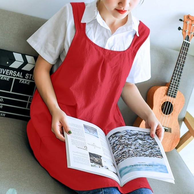 NEWGEM Japanese Cotton Linen Cross Back Cooking Apron for Women Men with Pockets Cute for Baking Kitchen
