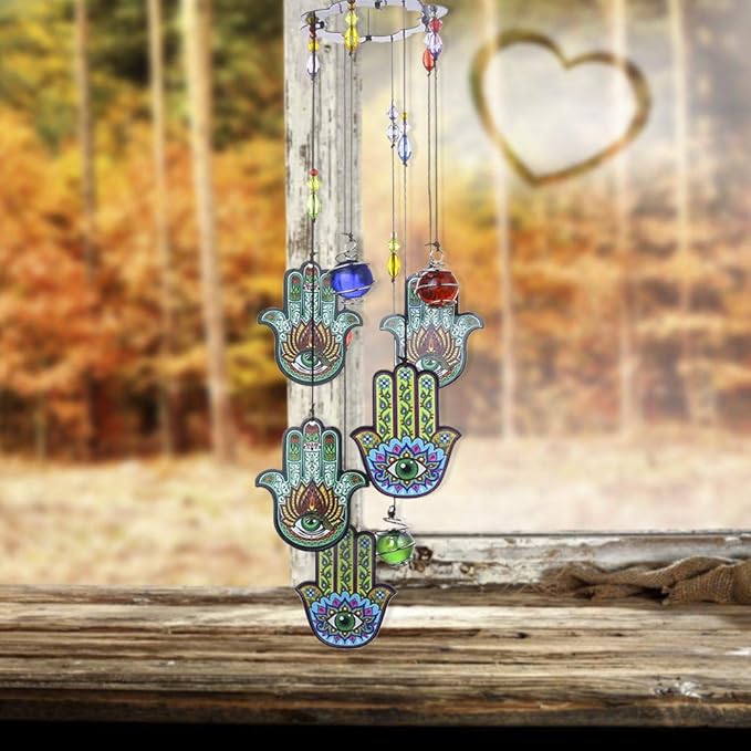 Wind Chimes Outdoor Decor, Metal Memorial Windchimes Hanging Decoration for Garden Home Yard and Christmas Tree,15'' Hamsa Hand Evil Eye Chakra Glass Beaded Design Christmas Decor