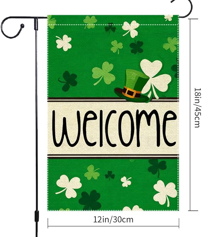 St Patrick's Day Garden Flag 12x18 Inch Double Sided Burlap Welcome Shamrock Leprechaun Hat Green Clover Pattern Outdoor Yard Decor
