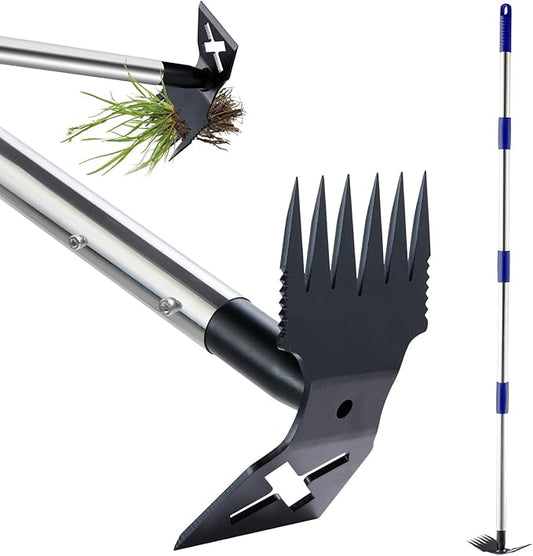 Weed Puller Tool with Long Handle, 60'' Weed Remover Weeding Tool, Heavy Duty 2 in 1 Manual Weed Rake and Garden Hoe, Gardening Weeder Tools for Yard, Lawn, Patio, Garden Blue