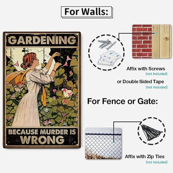 YOYI ART Gardening Decor Vintage Metal Tin Sign - Gardening Because Murder is Wrong, Funny Retro Garden Patio Sign for Outside, Backyard Wall Decor Art, Gardening Gifts for Women, 8 x 12 inch