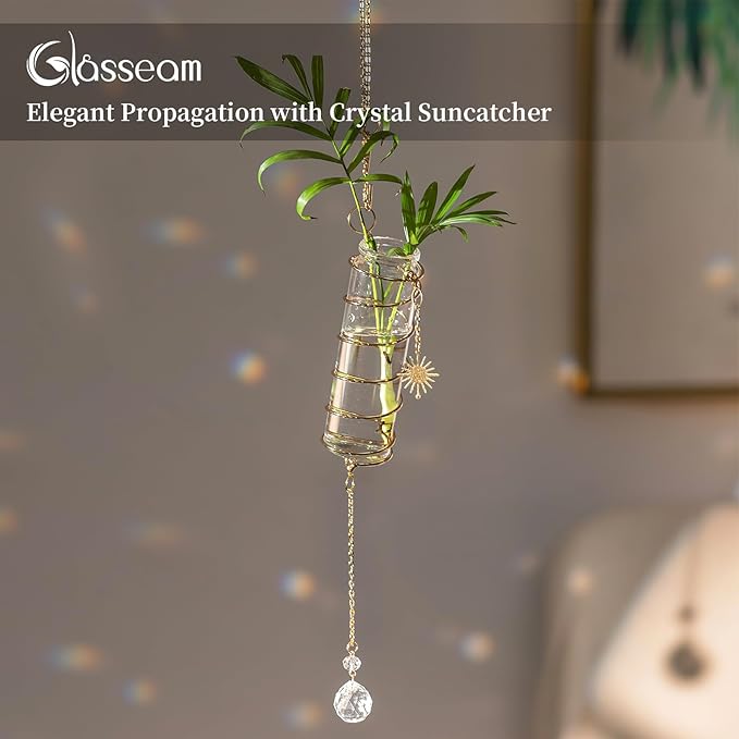 Glasseam Hanging Propagation Stations with Crystal Suncatchers Glass Wall Planters for Indoor Plants Hydroponics - 4Pcs Propagation Tubes Jars with Metal Chain for Home Decor - Unique Gift for Women
