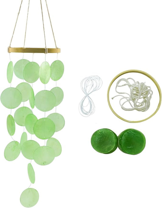 Wind Chimes Making Supplies Kits for Adults Arts and Crafts-DIY Wind Chime Parts with Twine String Bamboo Hoops Round Capiz Shells Fishing Line for Christmas Thanksgiving Gifts(Green)