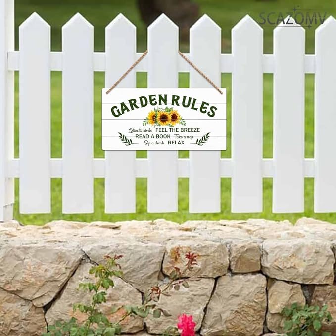 SCAZOMV Garden Sign Decor, Garden Rules Listen To Birds Feel The Breeze Read A Book Take A Nap Sip A Drink Relax, Outdoor Decorative For Garden Farmhouse, Wooden Hanging Plaque 5"X 10"