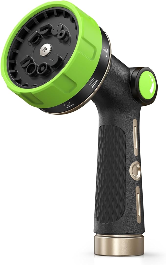 RAINPOINT Garden Hose Nozzle Heavy Duty - 100% Metal Thumb Control Spray Nozzles for Garden Hose High Pressure, 10 Patterns Water Hose Nozzle for Car Wash, Watering Lawn and Pets, Green