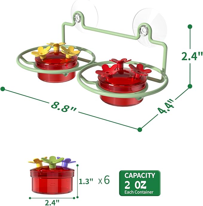 2 Pack Window Hummingbird Feeder, Small Hummingbird Feeder for Outdoors with Strong Suction Cup - Metal Base & 6 Feeding Ports, Easy to Clean and Refill, Green
