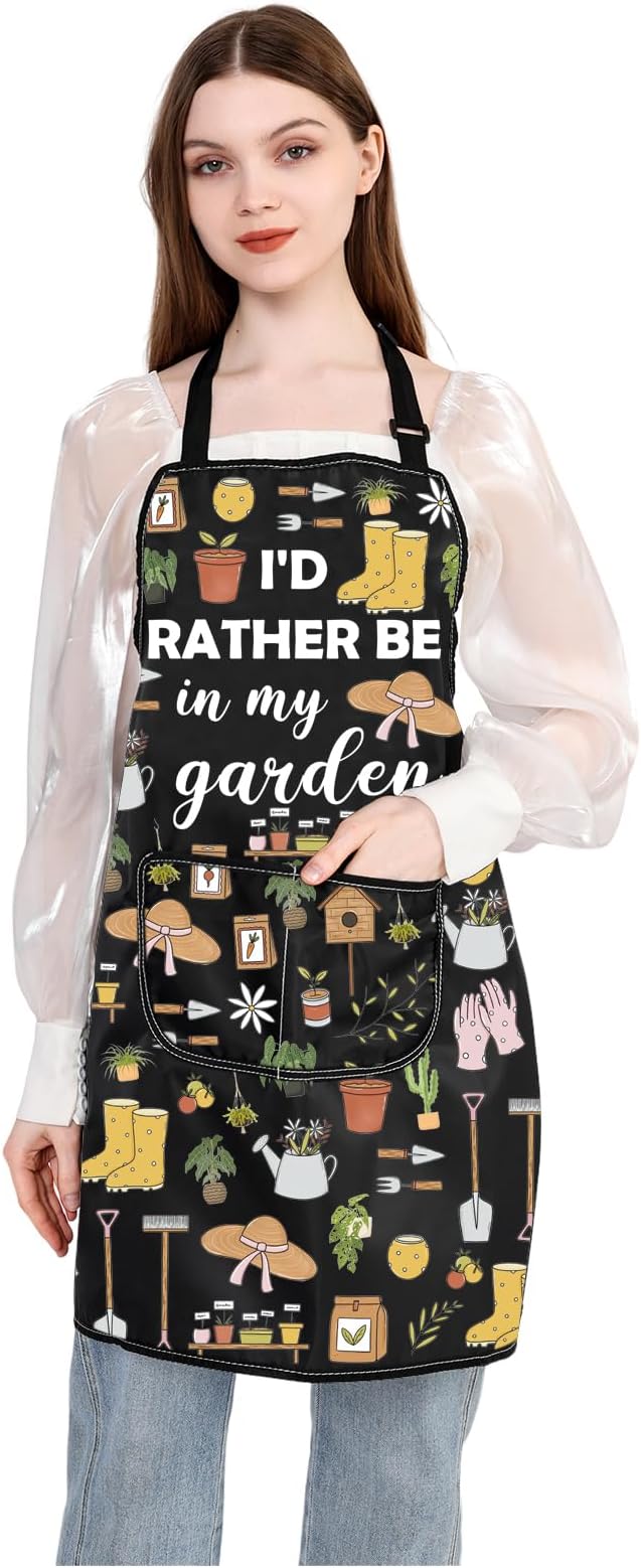 JXGZSO Gardening Apron with Pockets I'd Rather Be In My Garden Apron for Gardener Florist Plant Lover Gift for Grandma Mom