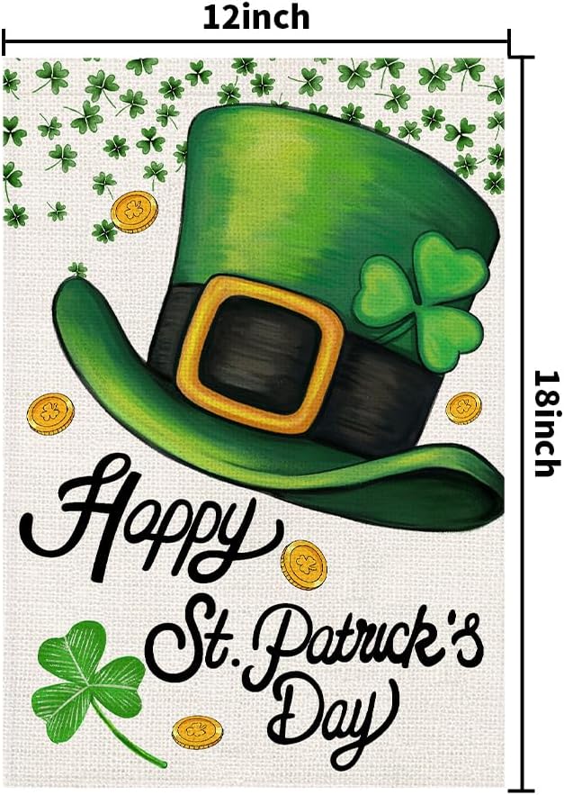 Happy St Patricks Day Garden Flag Burlap 12x18 Double Sided, Green Hat Shamrocks Lucky Clover Holiday Party Sign Small Flags Yard Outdoor Decorations DF660