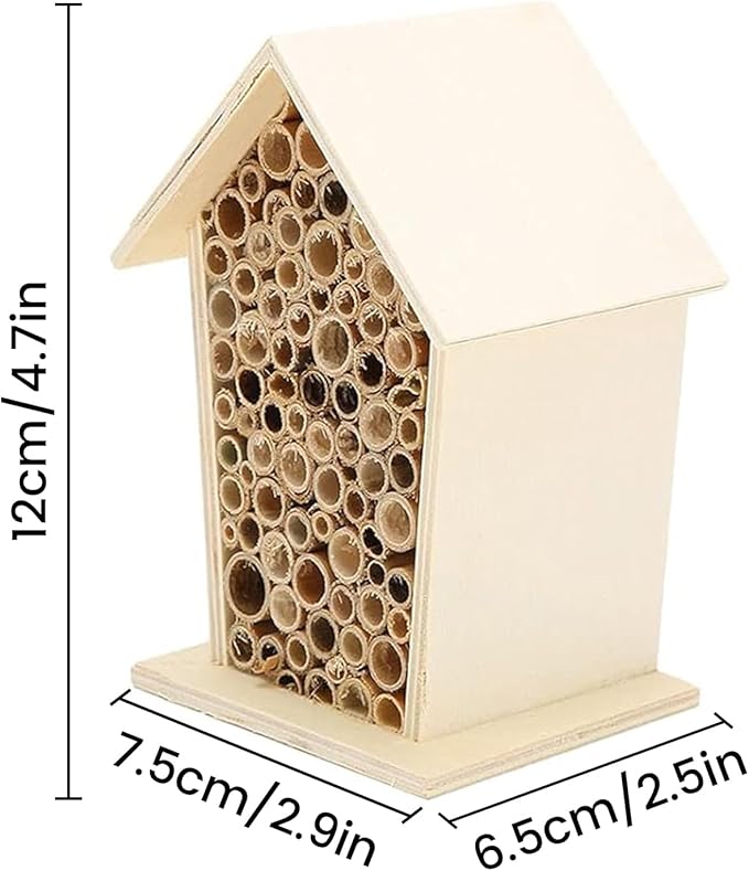 Native Hive Wooden Bee House, Natural Handmade Wooden Bee Box Habitat with Bamboo Tubes,Insect House Shelter for Attracting Peaceful Bee Pollinators (2PCS)