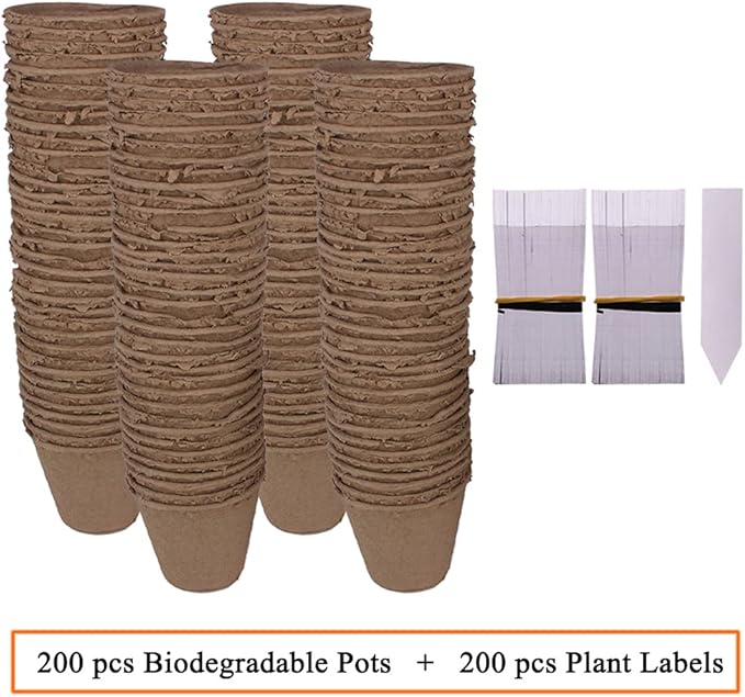 200 Pack 3.15" Round Biodegradable Peat Pots Plant Seedling Saplings & Herb Seed Starters Kit with 200 Pcs White Plastic Plant Labels