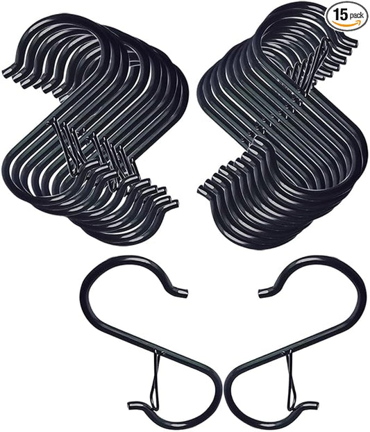 15 Pack S Hooks for Things Hanging, 3.5 inch Heavy Duty Metal S Hooks with Safety Buckle, S Shaped Hooks Pot Rack Closet Hooks for Hanging Plants, Kitchen Utensil, Pot, Pans, Garden Tools (Black)