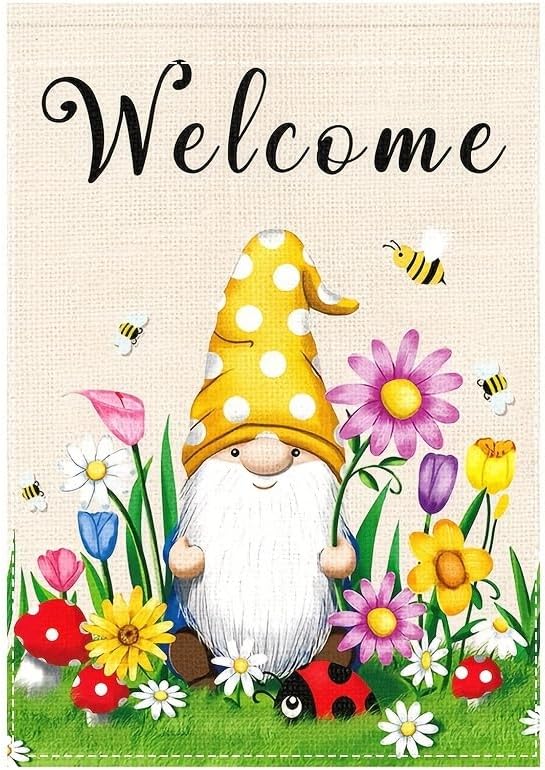 Spring Welcome Gnome Garden Flag 12 x 18 inch Double Sided Outside decorations,Flower Butterfly Small Garden Flags For Outdoor Yard Lawn