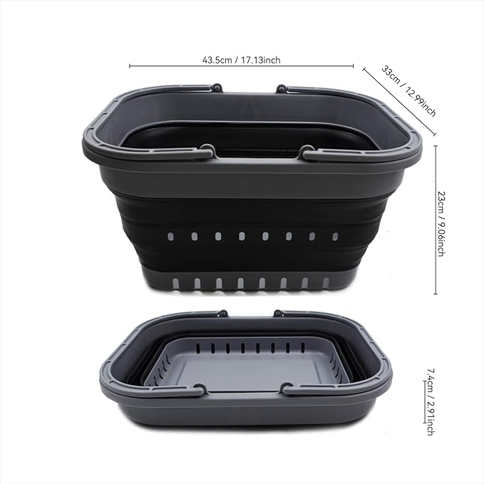 SAMMART 19L (5 Gallon) Collapsible Tub with Handle - Portable Outdoor Picnic Basket/Crater - Foldable Shopping Bag - Space Saving Storage Container (Grey/Black)