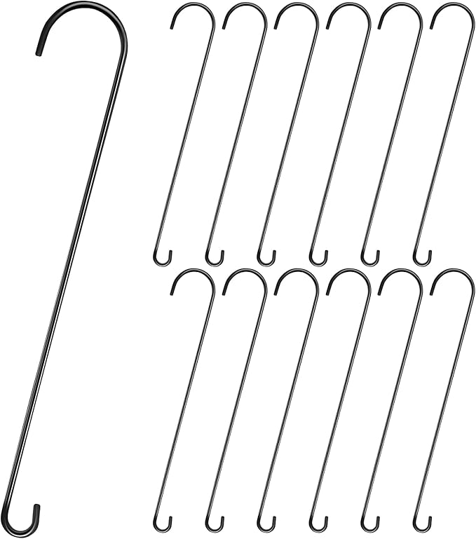 12 Pack 36 Inch Extra Long S Hooks for Hanging Plants, Heavy Duty Metal Tree Branch Hangers for Bird Feeders Flower Baskets Lanterns Black Vinyl Coated Garden Extension Hooks