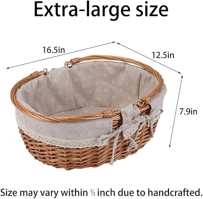 Large Wicker Picnic Basket with Handles,Handle Sturdy Woven Body with Removable and Washable Lining,Outdoor Camping,Gift Packing,Garden Picking, Storage.White Flower