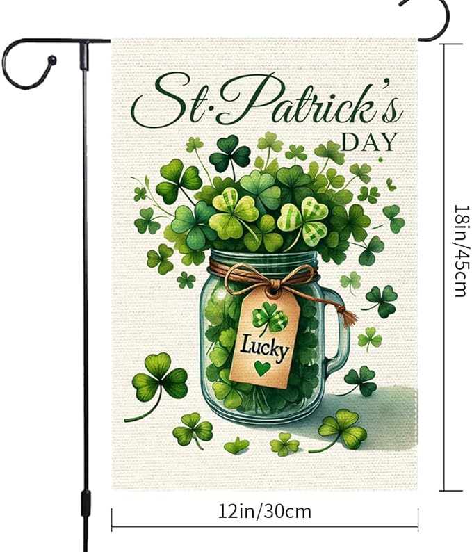 Welcome Lucky Clover St Patricks Day Garden Flag 12x18 Inch Double Sided Burlap, Mason Jar Yard Lawn Outdoor Irish Clover Seasonal Holiday Flags Decorations