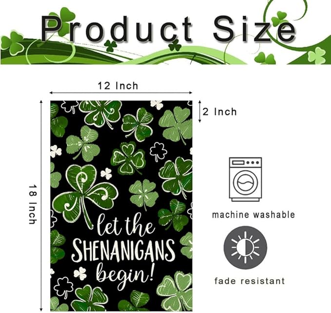 St Patricks Day Garden Flag 12x18 Inch Double Sided Outside, Let the Shenanigans Begin Shamrock Outdoor Yard Flag Green Lucky Clover Holiday Decoration
