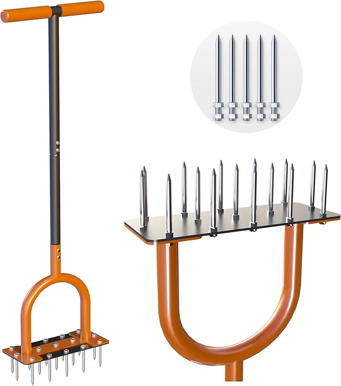 39in Lawn Aerator Spike Tool with 304 Stainless Steel Spikes Heavy Duty Lawn Aerator with Wide Foot Plate Rubber Handle for Soil Aeration, Grass & Yard Care