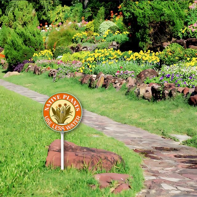 Kurmntregon Native Plants Use Less Water Garden Sign With Stake Plants Yard Sign Round 9.2inch Farm Lawn Yard Prop Walkway Porch Decorations,Outdoor Aluminium Décor