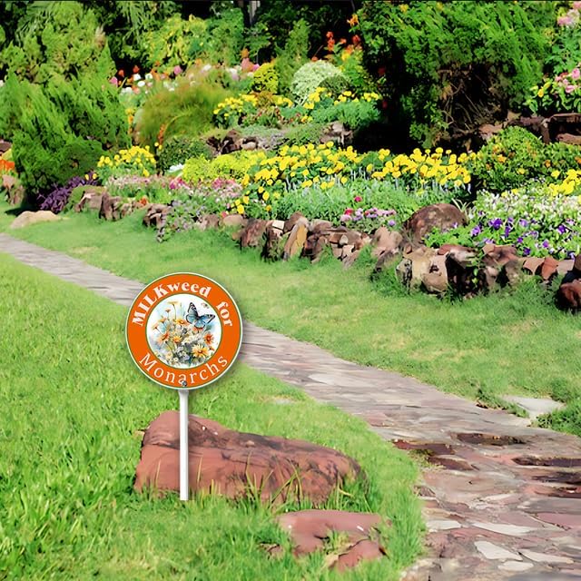 Kurmntregon Milkweed For Monarchs Sign With Stake Butterflies Garden Sign Round 9.2inch Rustproof Farm Home Lawn Walkway Ground Porch Aluminium Decorations