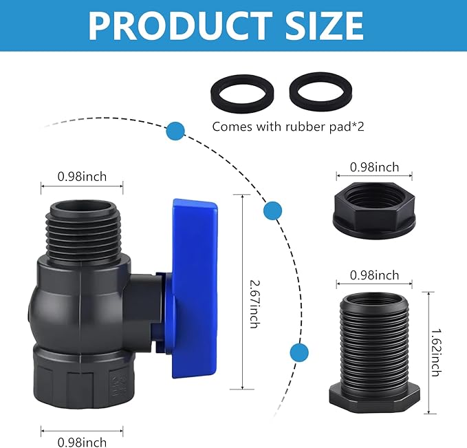 2 Pack 3/4 Inch Rain Barrel Spigot Kit, PVC Garden Hose Shut Off Valve with Bulkhead Fitting, Rain Barrel Diverter Kit for Water Tanks, Aquariums, Garden Barrel