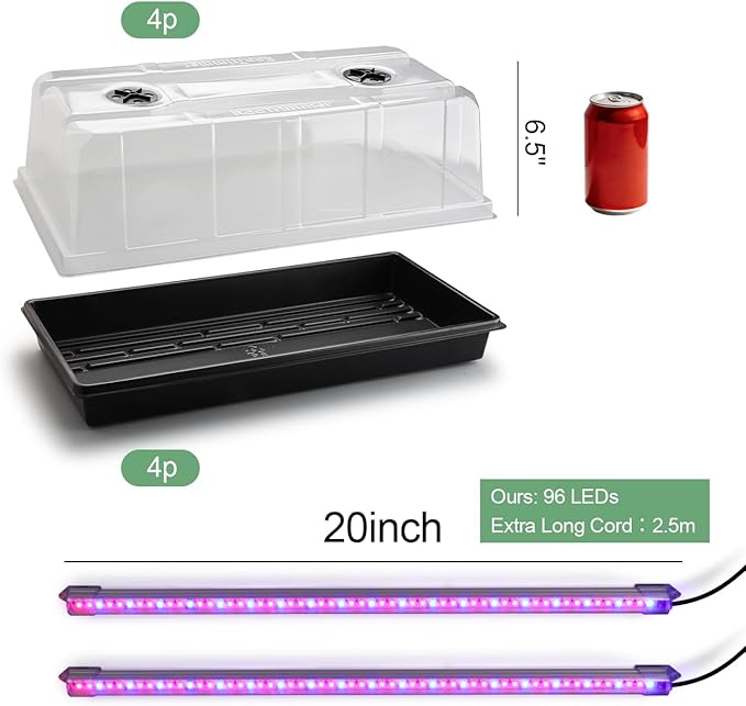 1020 Nursery Tray with Grow Lights - 4-Pack 6.3" Extra High Humidity Dome & Heavy Duty Propagation Tray, 8-Pack Integrated 96 Full Spectrum LED with Timer/5 Dimmable Levels, Reusable Greenhouse Kit