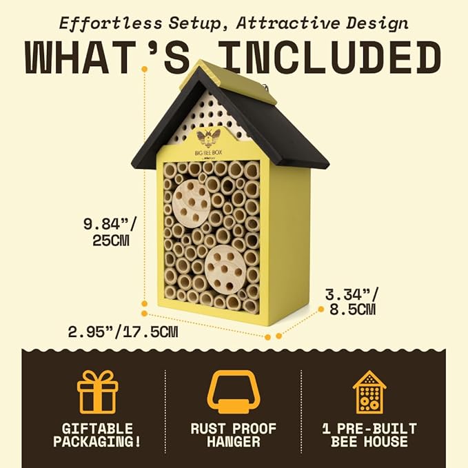 WildYard Bee House - Yellow, Modern Wood - Weather-Resistant Refuge & Solitary Bee House - Easy-Mount Design & Bug Hotel with Removable Tubes - Modular Nesting Tubes & Pollinator Hotel Appeal