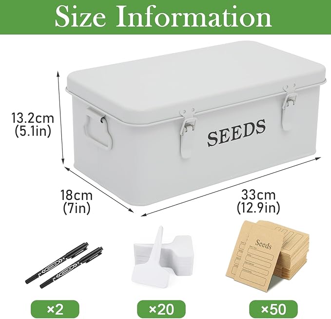 4 Dividers Seed Storage Box, Metal Seed Box Seed Storage Organizer with Safety Lock, Portable Garden Seed Bin, Professional All-in-one Kit, White