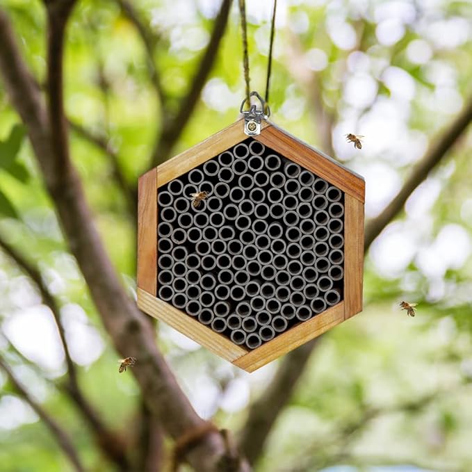 Mason Bee House - Handmade Natural Wooden Bee Hive Coated with Wax for Water-Proof and Long Service Life - Attracts Peaceful Bee Pollinators to Your Garden, Bee Houses for Garden