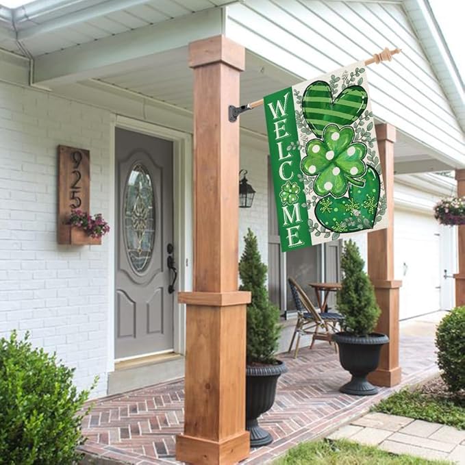 GEEORY St Patricks Day House Flag 28 x 40 Inch, Shamrocks Eucalyptus Hearts Welcome Double Sided Decorative Flag for Outside Yard Lawn Decoration GB009-40