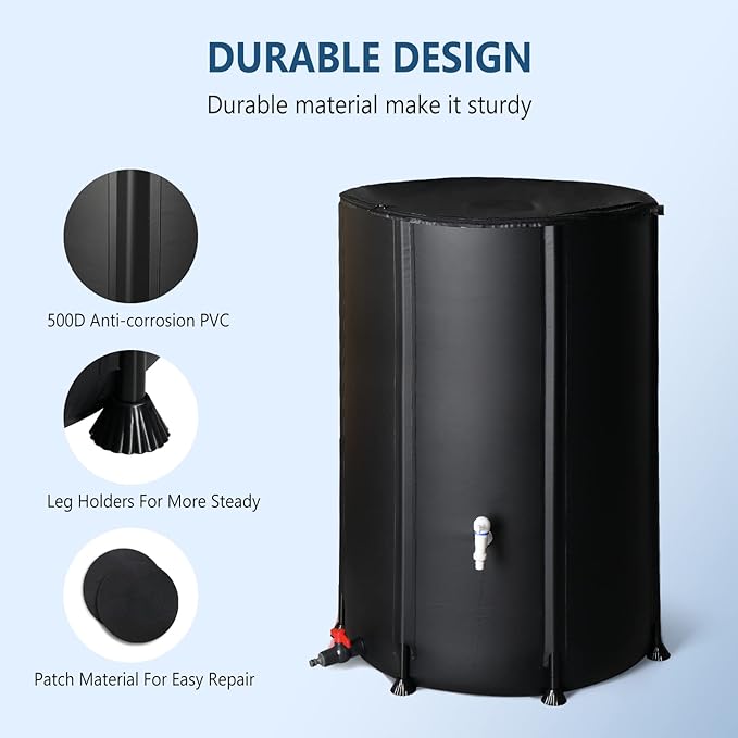 VINGLI Upgraded 100 Gallon Collapsible Rain Barrel, Portable Water Storage Collection System, Weather Proof Sturdy Tank Catcher Container with Filter Spigot Overflow Kit Black