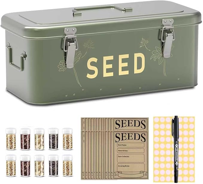 Orionstar Metal Seed Storage Organizer Kit with 30 Bottles & Envelopes, 4 Compartment Locking Box for Gardening Heirloom Flower Vegetable Preservation, Vintage Dark Green Gardener Gift